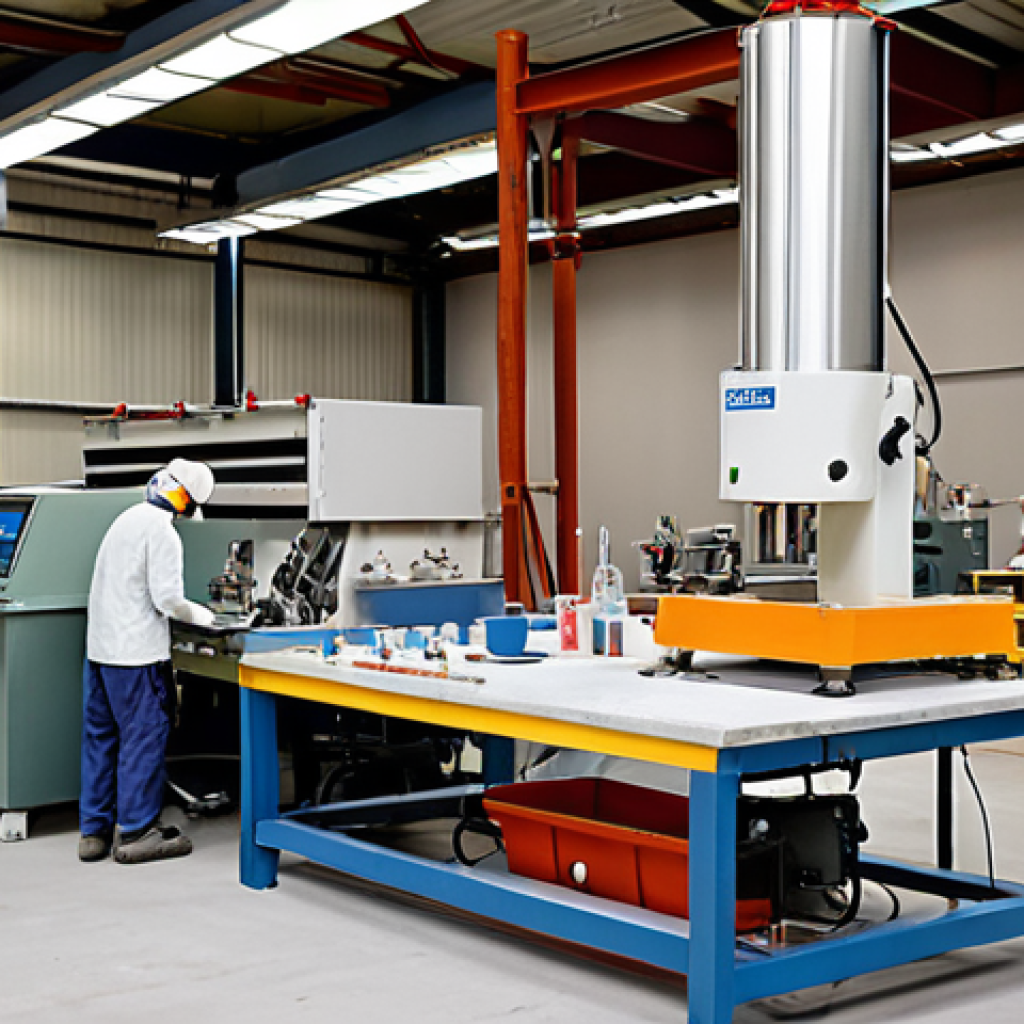 **

A construction site laboratory. Focus on the foreground showing various material testing equipment (universal testing machine, concrete compression machine, mortar mixer, flow table). In the background, technicians are working meticulously, taking samples and conducting tests. The overall atmosphere is serious and professional.

**
