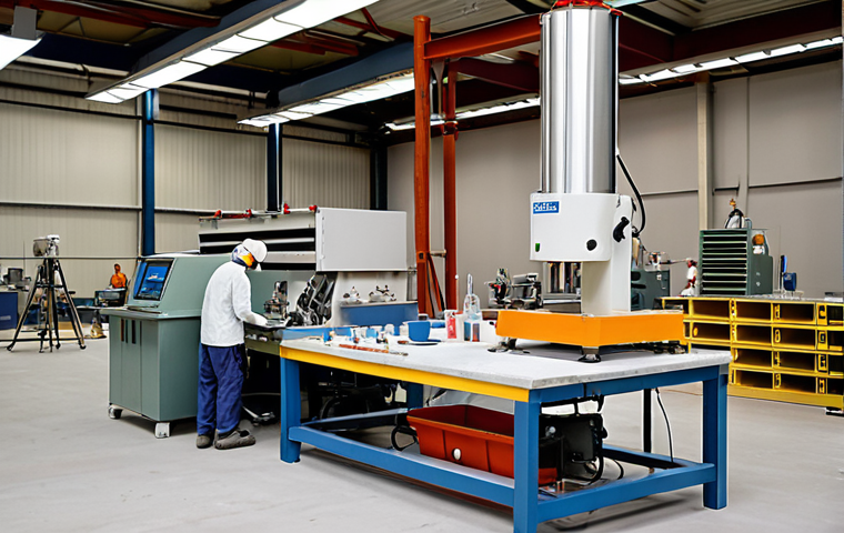 **

A construction site laboratory. Focus on the foreground showing various material testing equipment (universal testing machine, concrete compression machine, mortar mixer, flow table). In the background, technicians are working meticulously, taking samples and conducting tests. The overall atmosphere is serious and professional.

**