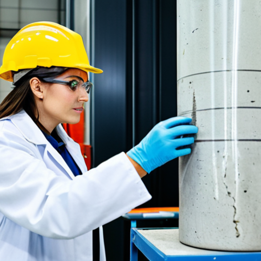 **

"A bright and modern laboratory setting. A female engineer, fully clothed in appropriate safety gear (lab coat, safety glasses), is meticulously examining a concrete cylinder after a compression test. Advanced testing equipment is visible in the background. Focus on the detail of the cracked concrete and the digital readout of the testing machine. Safe for work, appropriate content, fully clothed, professional, perfect anatomy, correct proportions, natural pose, professional photography, high quality, well-formed hands, proper finger count."

**