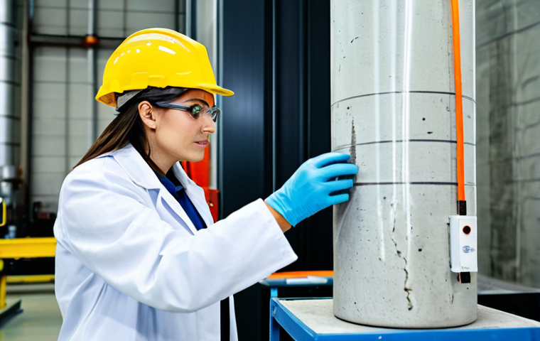 **

"A bright and modern laboratory setting. A female engineer, fully clothed in appropriate safety gear (lab coat, safety glasses), is meticulously examining a concrete cylinder after a compression test. Advanced testing equipment is visible in the background. Focus on the detail of the cracked concrete and the digital readout of the testing machine. Safe for work, appropriate content, fully clothed, professional, perfect anatomy, correct proportions, natural pose, professional photography, high quality, well-formed hands, proper finger count."

**