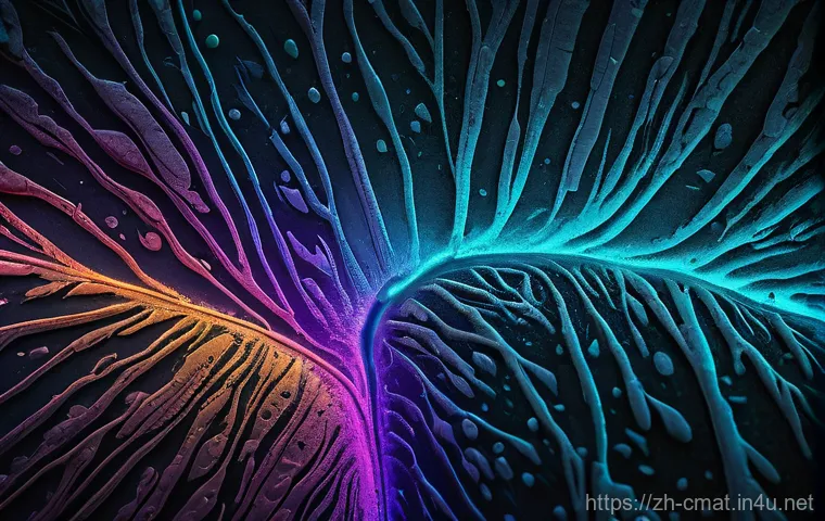 건설재료시험기사의 필수 이론 정리 - A highly detailed, artistic microscopic view of a self-healing concrete sample. Visualize intricate ...