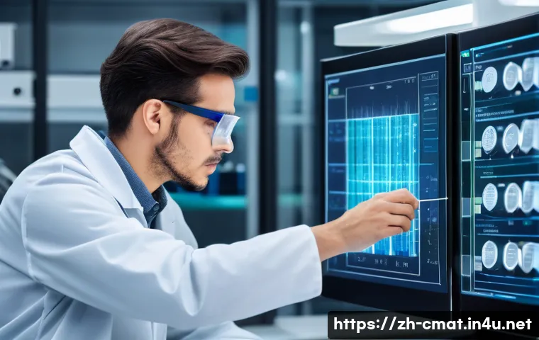 건설재료시험의 최적화 기술 - A modern laboratory scene showing a scientist wearing safety glasses and a lab coat operating an adv...