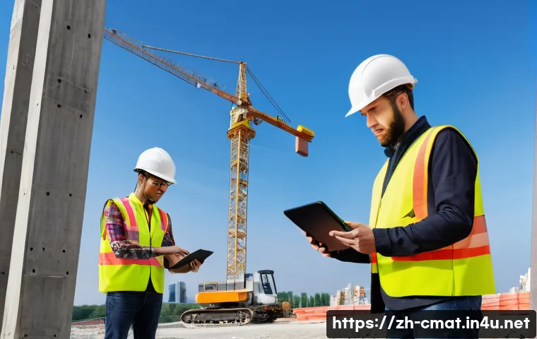 건설재료시험과 지속 가능한 건설 기술 - A high-tech construction site scene showcasing embedded sensors in concrete structures: close-up of ...