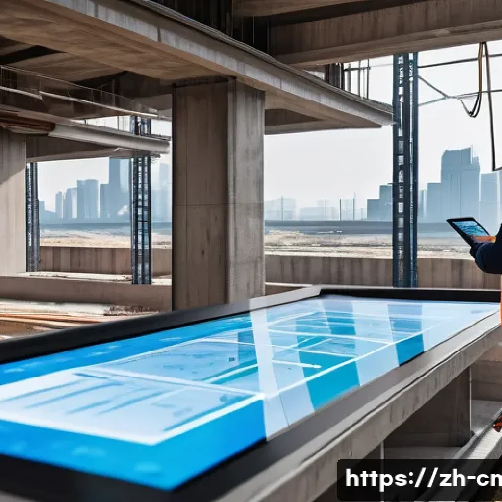 건설재료시험과 최신 친환경 기술 - A high-tech construction site scene featuring embedded sensors inside concrete and steel beams, show...