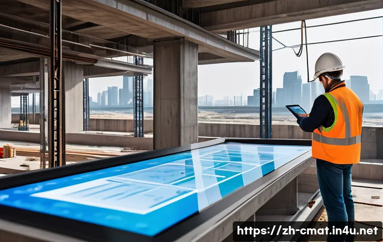 건설재료시험과 최신 친환경 기술 - A high-tech construction site scene featuring embedded sensors inside concrete and steel beams, show...