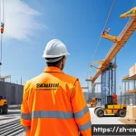 건설재료시험의 주요 연구 및 논문 주제 - A high-tech construction site scene showcasing smart detection technology in material testing: detai...