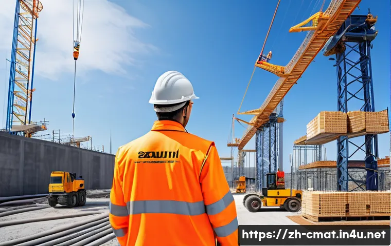 건설재료시험의 주요 연구 및 논문 주제 - A high-tech construction site scene showcasing smart detection technology in material testing: detai...