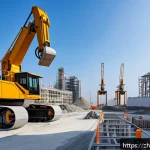 건설재료시험과 3D 프린팅 기술의 융합 - A futuristic construction site showcasing advanced concrete 3D printing technology, with a robotic a...