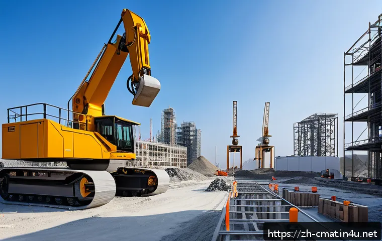 건설재료시험과 3D 프린팅 기술의 융합 - A futuristic construction site showcasing advanced concrete 3D printing technology, with a robotic a...