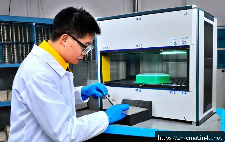건설재료시험기사 실기시험 모범 답안 - A detailed laboratory scene showing a skilled engineer performing a concrete compressive strength te...