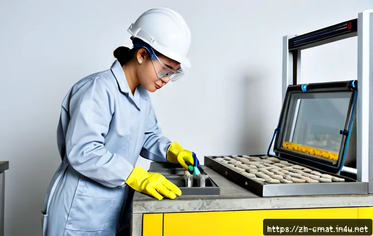 건설재료시험기사 실기시험에서의 유의사항 - Photorealistic construction materials laboratory practical examination, adult candidate wearing safe...