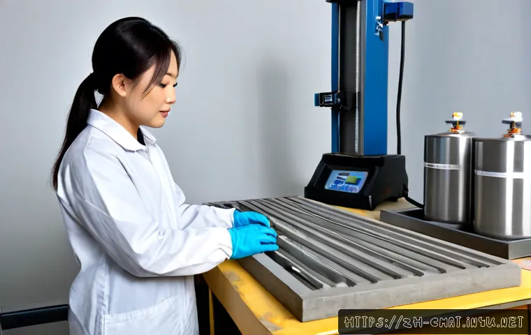 건설재료시험 실무에서 사용하는 도구와 장비 - Photorealistic construction materials testing laboratory workbench, neatly arranged concrete compres...