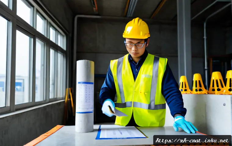 건설재료시험기사의 자격 갱신 요건 - Photorealistic construction materials testing engineer in a clean laboratory, wearing safety helmet,...